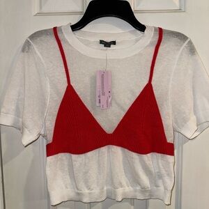 Bikini Sheer Top - Red & White Short Sleeve - Size Medium NWT